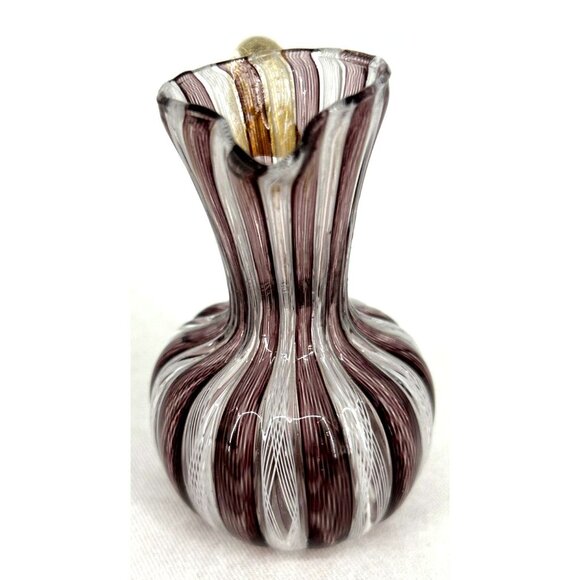 Murano Latticino Ribbon Petite Pitcher Vase Handle Purple White Gold 3" Tall - Picture 5 of 7